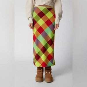 BDG Urban Outfitters Janelle Printed Plaid Red Green Midi Skirt Medium